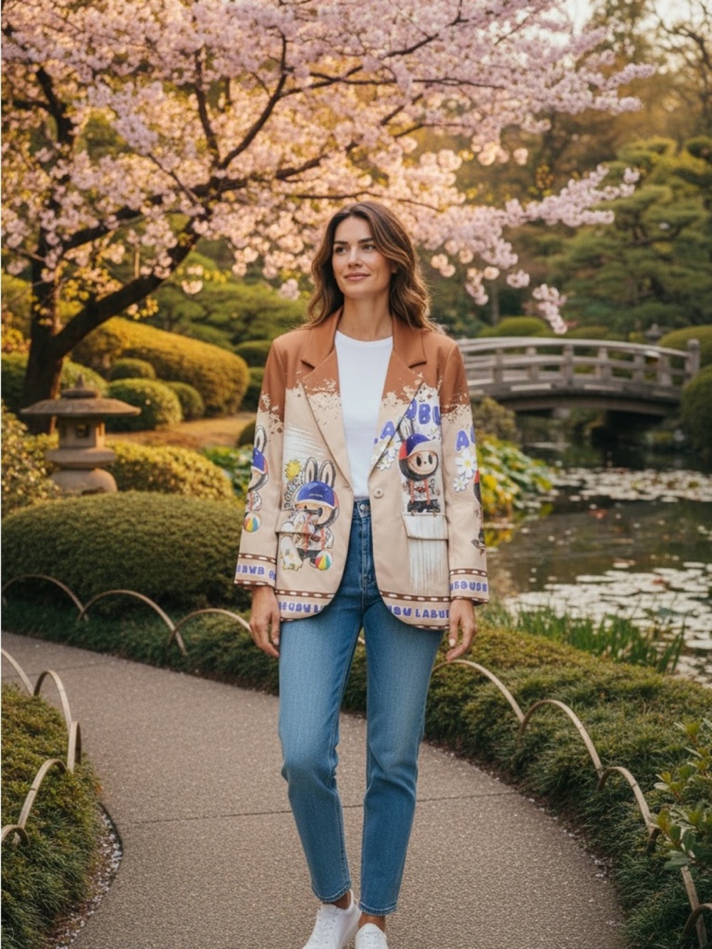 New with tag Embroidered Graphic Tan & Beige Blazer Jacket Labubu made in italy